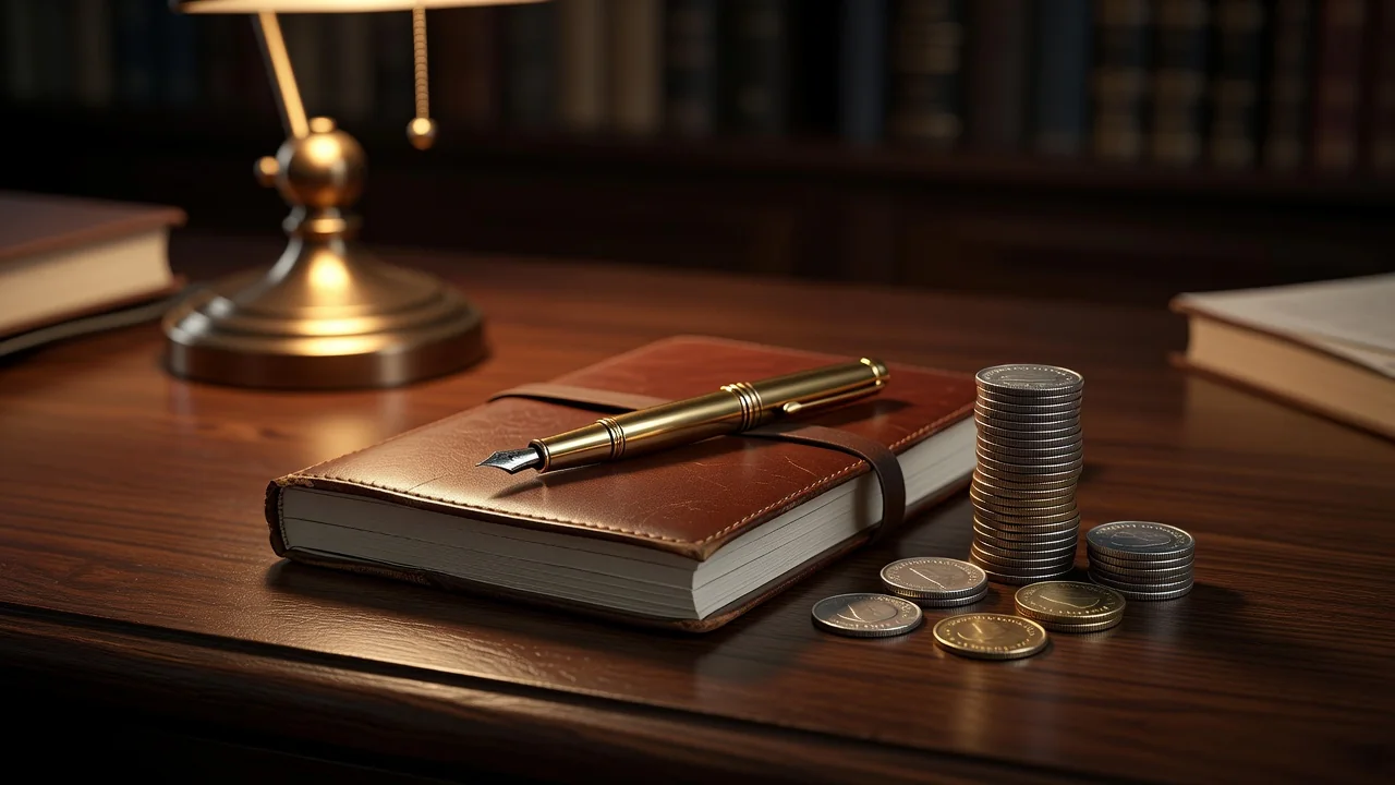 A leather ledger notebook with a golden pen and neatly stacked coins on dark oak, warm lamp light, no readable text, no people