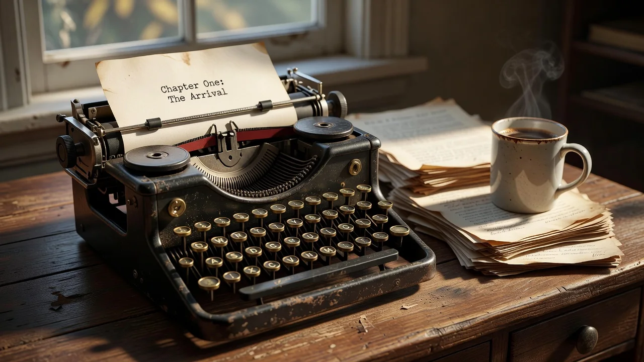 Secretária de escritor com máquina de escrever, manuscritos e uma chávena de café junto a uma janela
