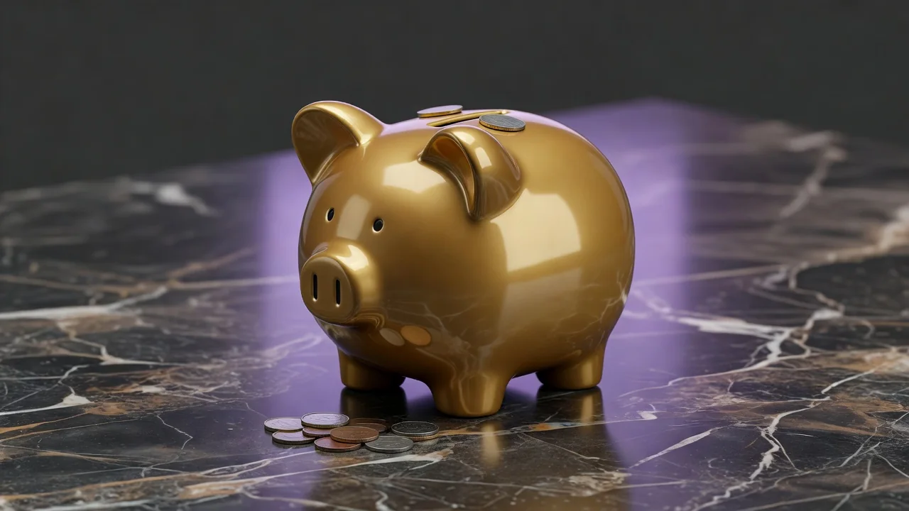 A ceramic piggy bank in glossy gold with a few coins beside its slot on dark marble, soft purple rim light, minimalist, no people, no text