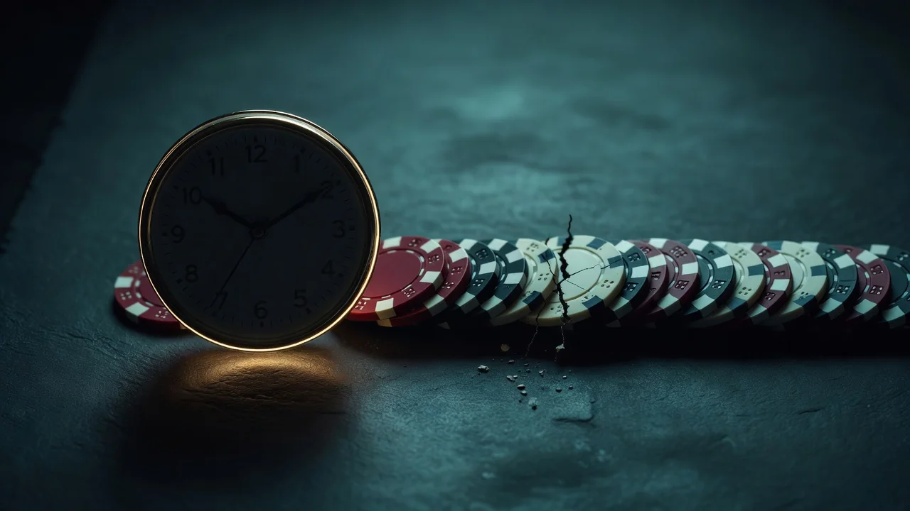 An alarm clock with glowing golden rim beside a neat row of casino chips on dark slate, one chip cracked in half, moody teal light, no readable numbers, no people