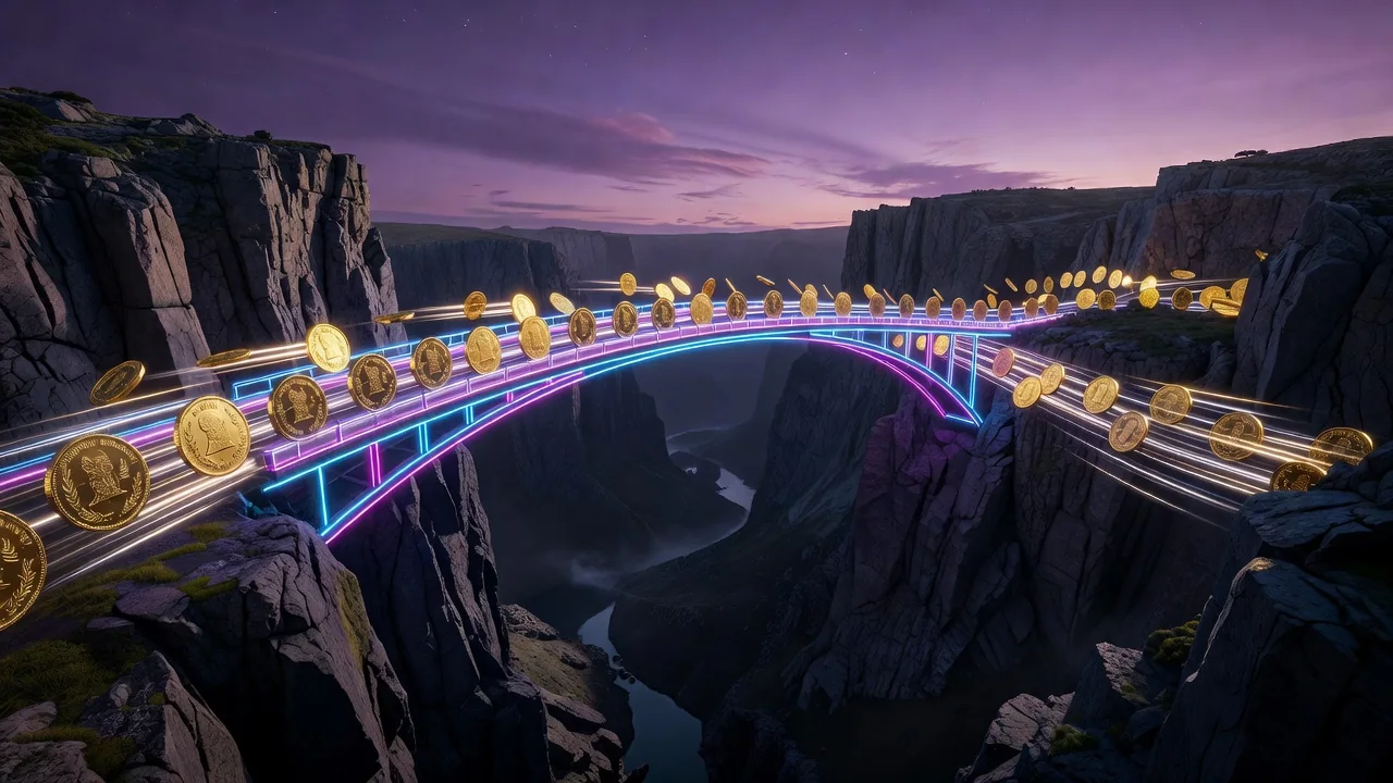Golden coins travelling along a glowing neon bridge over a dark canyon from one cliff to another, speed lines, purple dusk sky, no people, no text