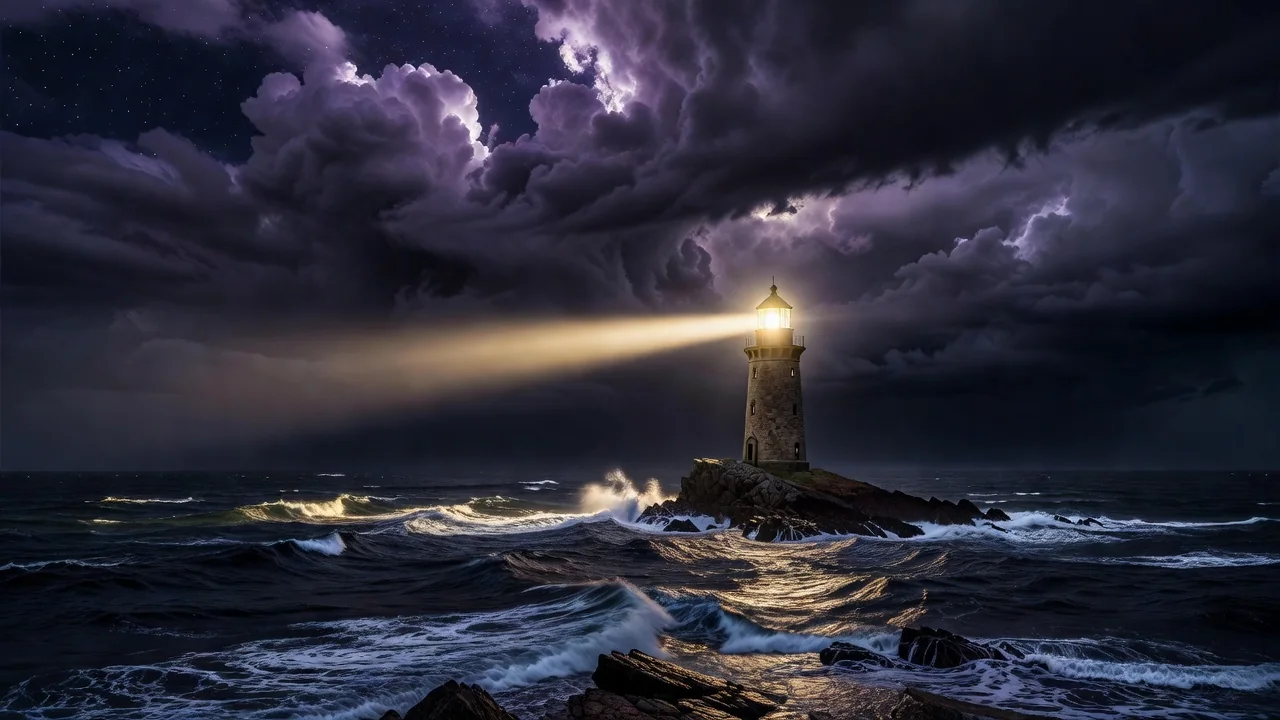 A lighthouse with a golden beam over dark ocean waves at night, purple storm clouds breaking, symbol of guidance, no people, no text