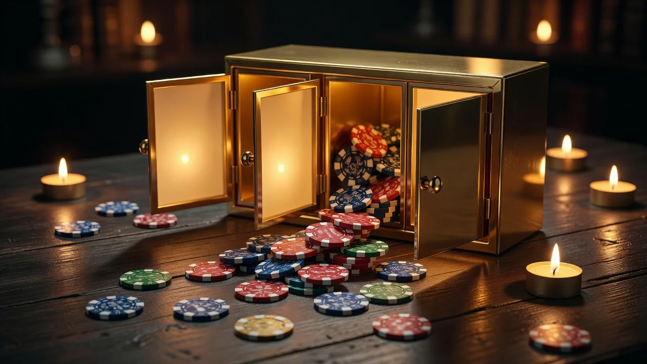 An open advent-style golden calendar with five glowing doors on a dark wooden table, casino chips spilling from one door, warm candlelight, no numbers, no text