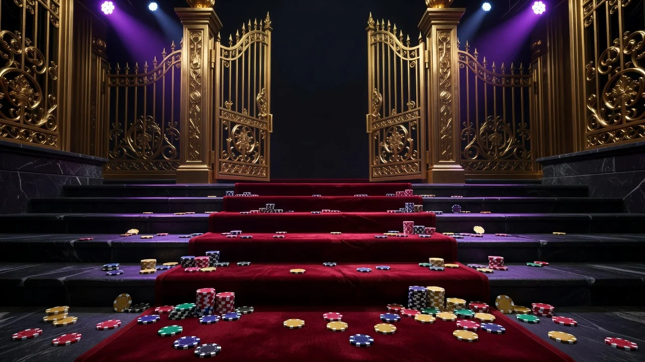 Golden arena gates with purple spotlights and a red carpet entrance, casino chips scattered on dark stone steps