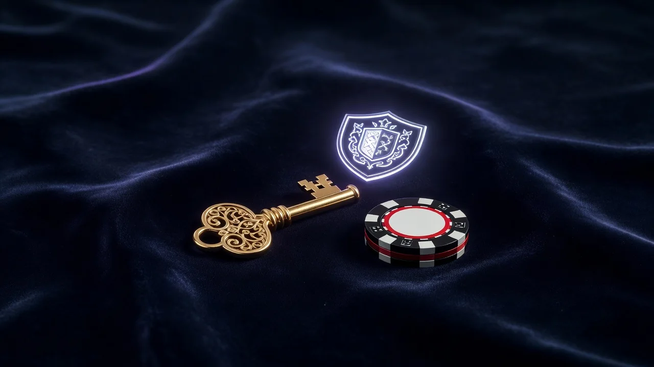 A golden key lying on dark navy velvet beside a casino chip and a glowing shield emblem, soft purple rim light