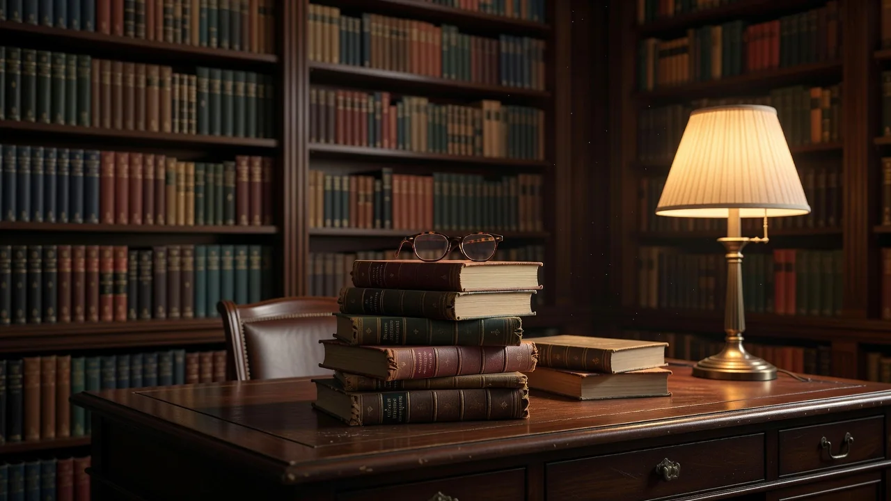 Pilha de livros de capa dura sobre uma mesa de biblioteca com óculos de leitura