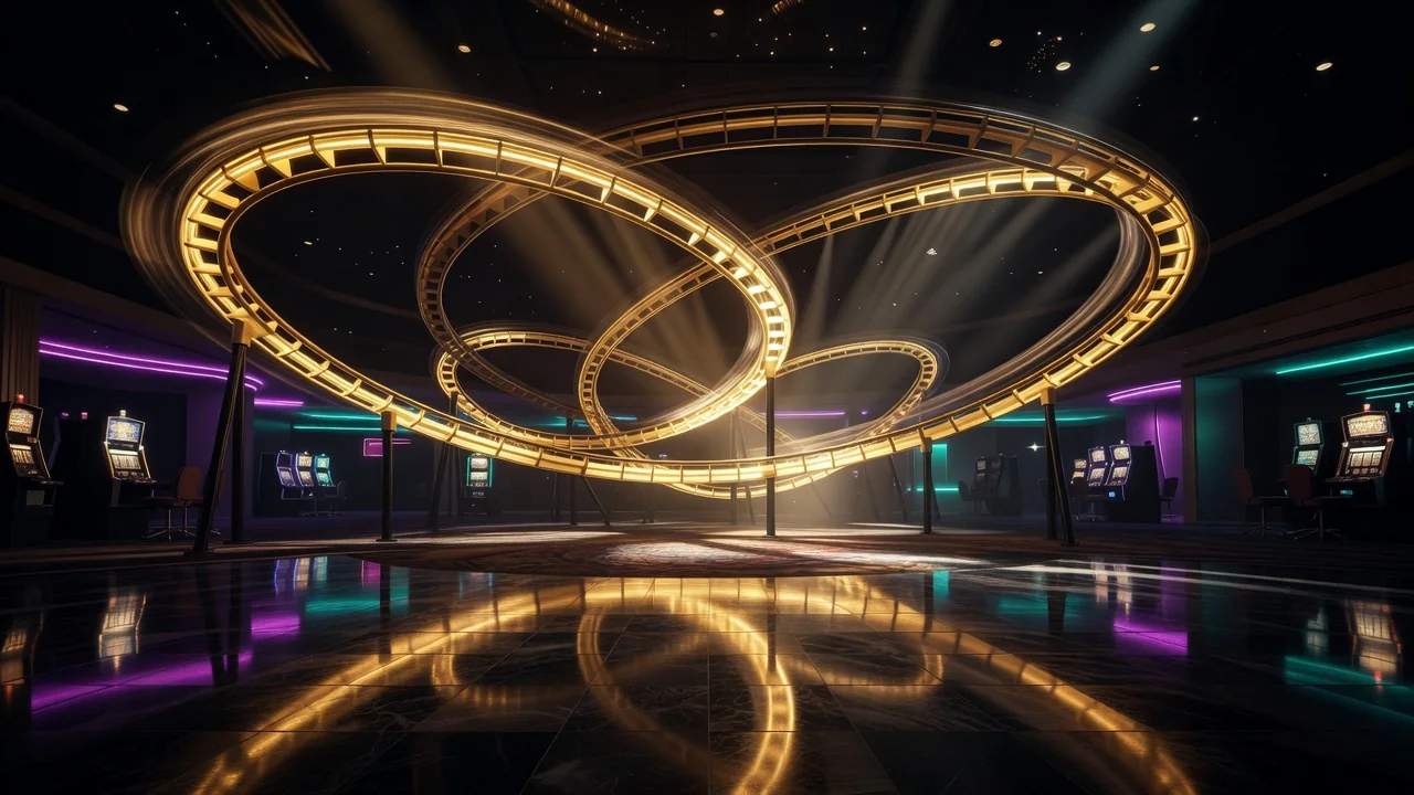 A roller coaster made of golden light twisting above a dark casino floor at night, motion blur, purple and teal neon, no people, no text