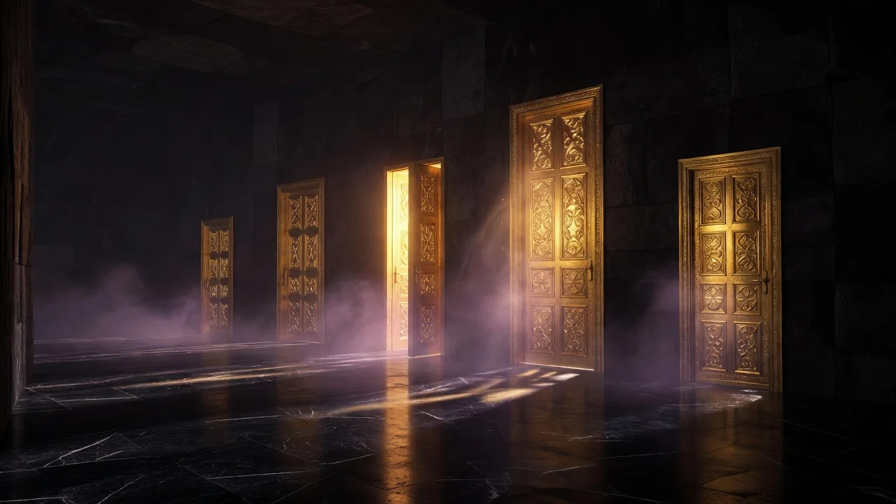 A row of five glowing golden doors of different heights in a dark hall, the middle one open with warm light spilling out, purple haze, no people, no text