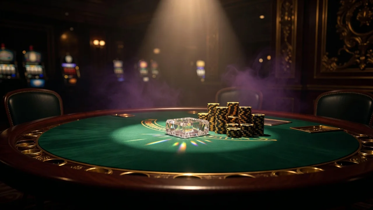 An elegant empty blackjack table with a single spotlight, crystal card shoe and neatly arranged chips, deep green and gold tones, purple haze background, no people