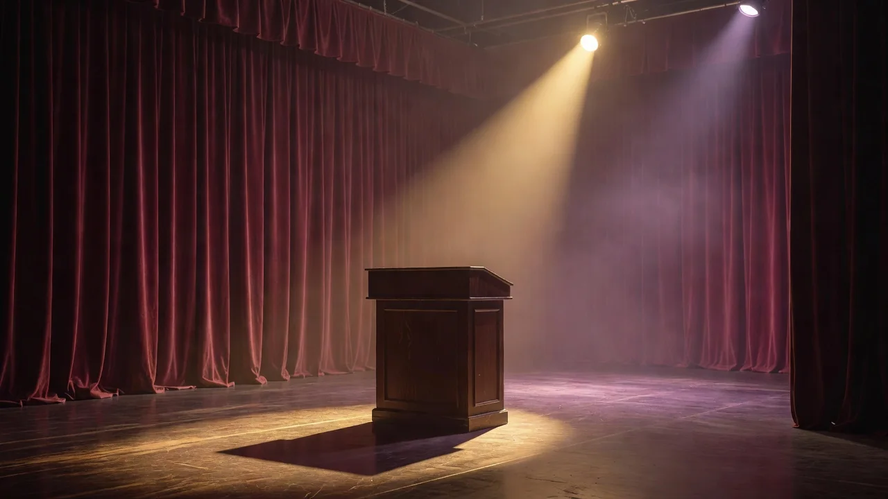 A vintage television studio set with a glowing golden spotlight on an empty presenter's podium, velvet curtains, purple haze, no people, no text