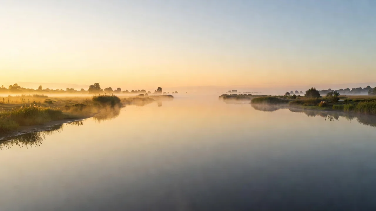 Estuário de um rio ao amanhecer com águas calmas e luz dourada