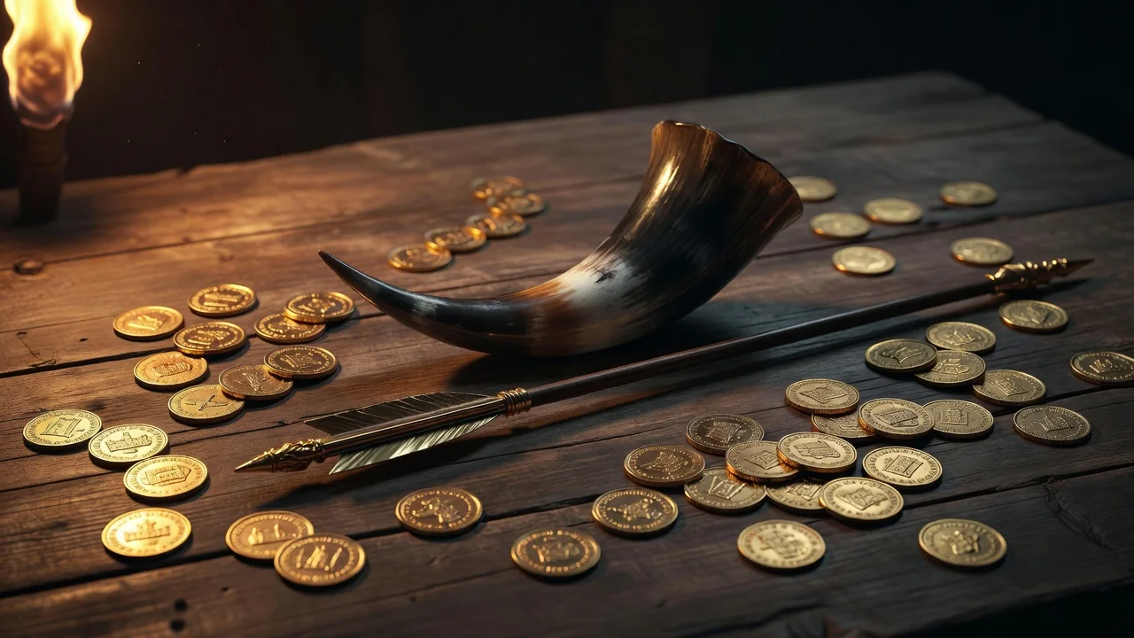 A medieval hunting horn and golden arrow resting on dark oak beside scattered gold coins, torchlight, no people, no text