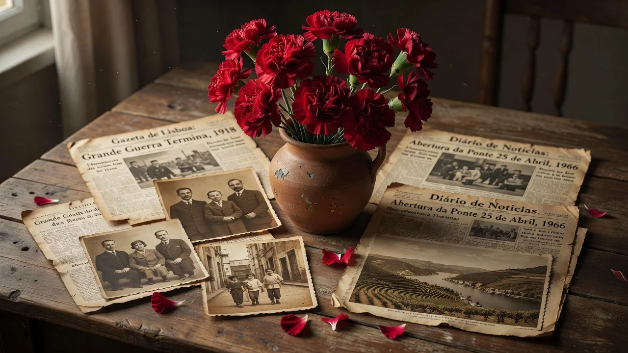 Cravos vermelhos sobre uma mesa de madeira com jornais antigos e uma fotografia desbotada