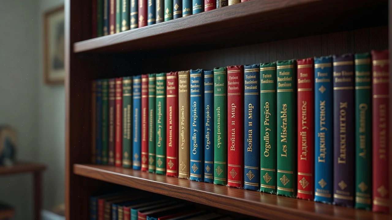 Estante com edições do mesmo livro traduzidas em várias línguas
