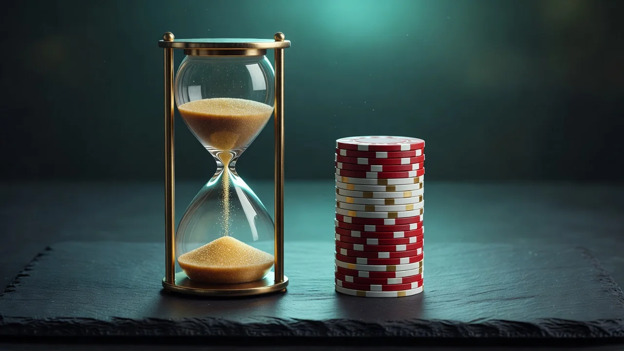 An hourglass with golden sand beside a neat stack of casino chips on dark slate, calm balanced composition, soft teal light