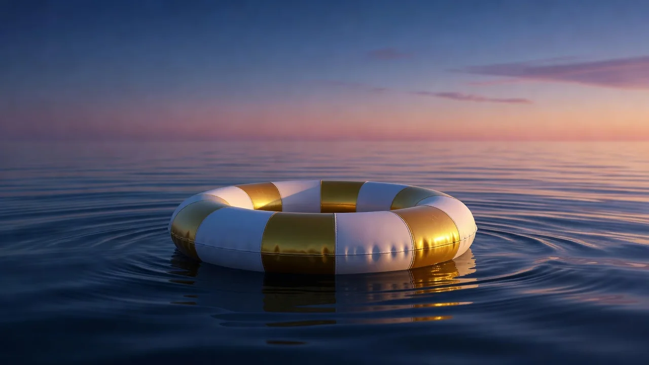 A life ring in gold and white resting on dark blue water at dusk, calm ripples, no people, hopeful mood