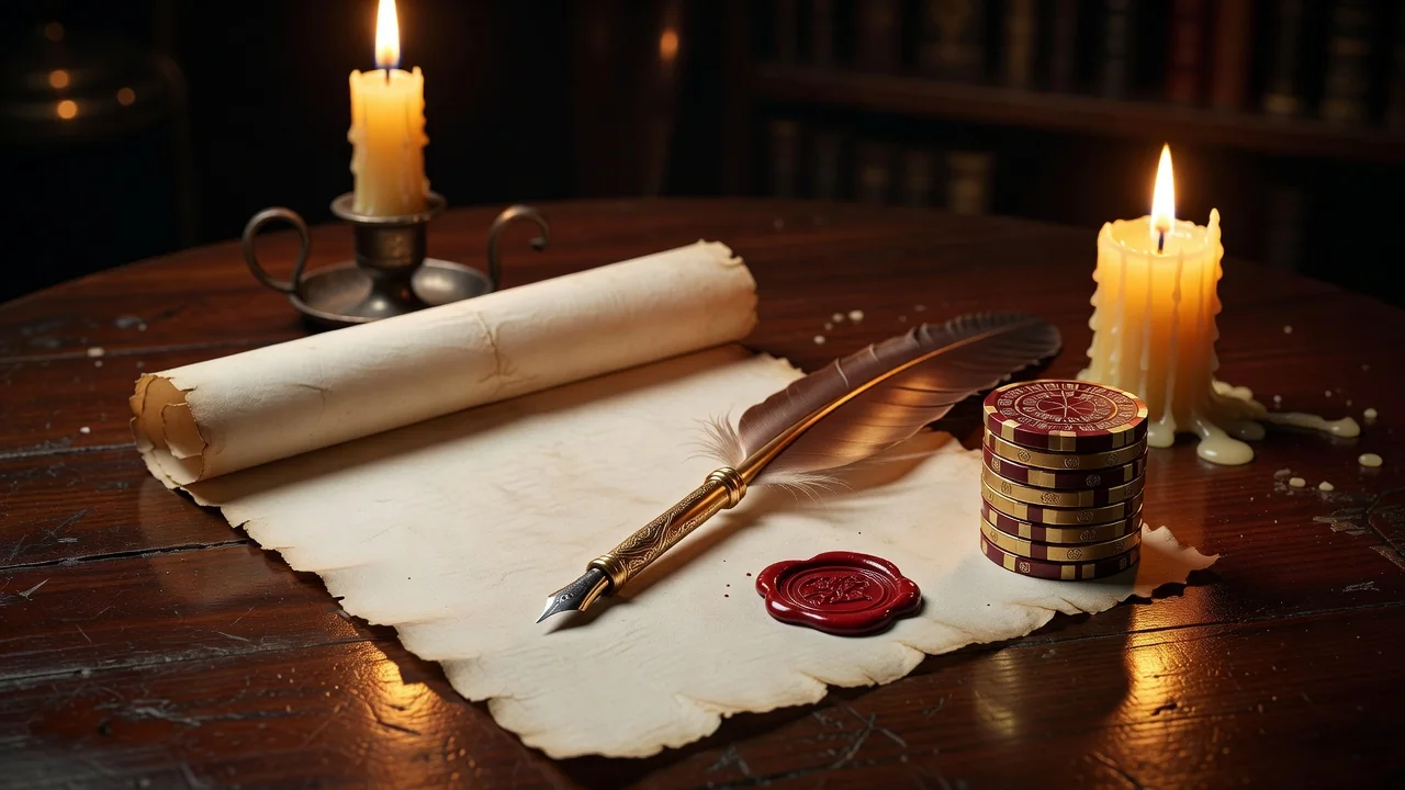 An open parchment contract with a golden quill and a wax seal beside stacked casino chips, candlelight on dark wood, no readable text