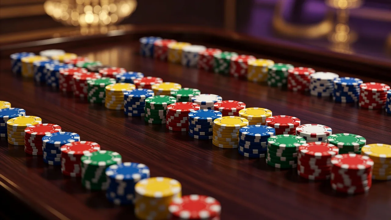 Close-up of colourful casino chips sorted in neat rows by colour on a dark wooden table, shallow depth of field, gold and purple tones