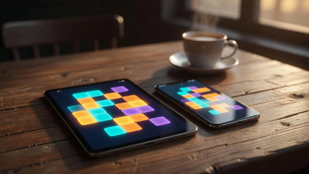 A tablet and smartphone side by side on a wooden cafe table displaying abstract glowing game tiles, coffee cup blurred in background, warm evening light, no readable text