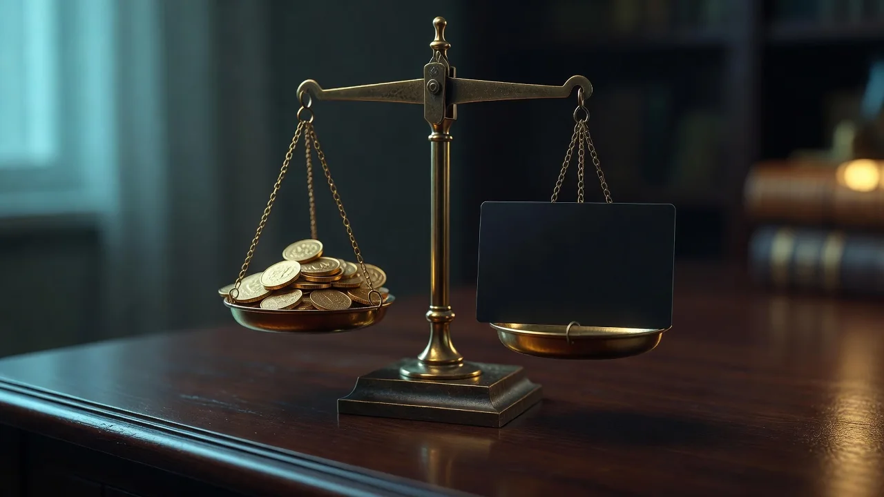 A vintage brass scale weighing golden coins against a bank card on a dark desk, soft teal and gold light, shallow focus, no readable text