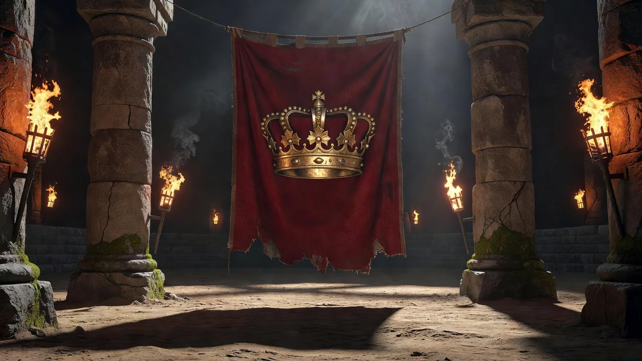 A medieval tournament banner with a golden crown emblem hanging between stone columns, torches burning, dramatic casino arena atmosphere, no people