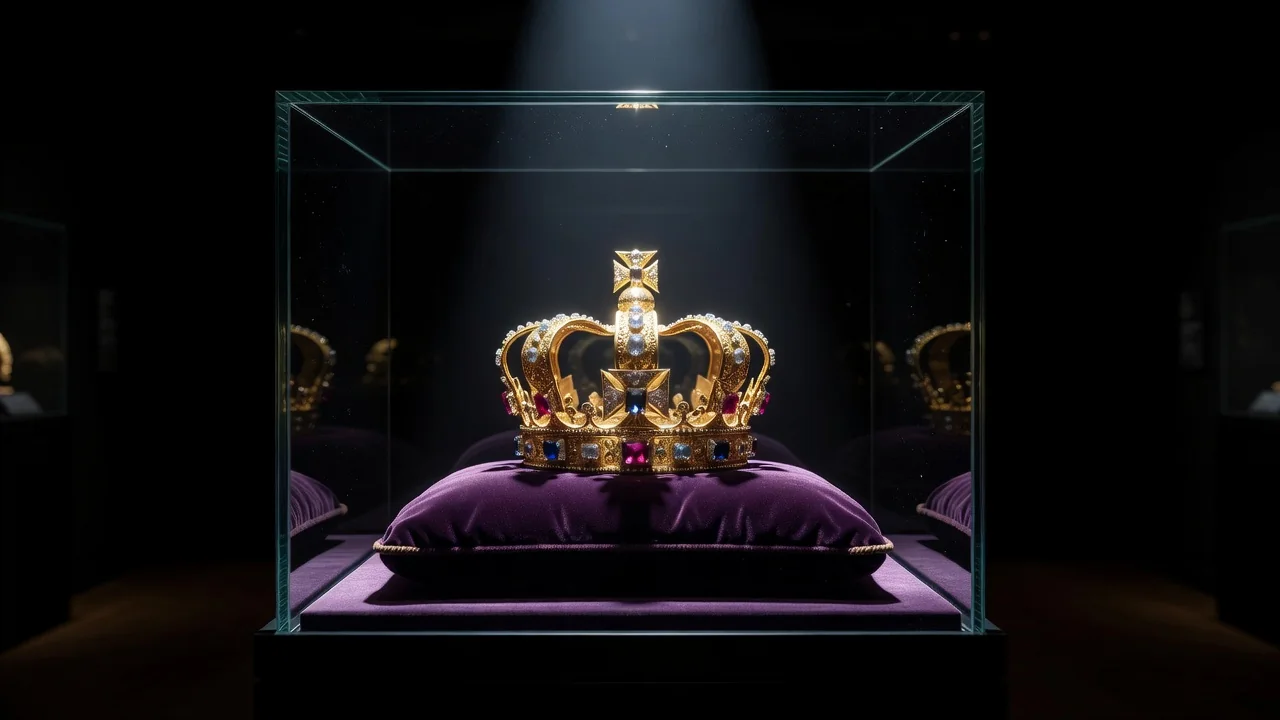 A golden crown on a purple velvet cushion inside a glass display, single beam of light, museum darkness, regal and quiet, no people