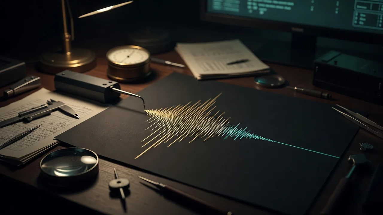A seismograph drawing a jagged golden line across dark paper next to a calm straight teal line, scientific instruments on a desk, moody light, no readable text, no people