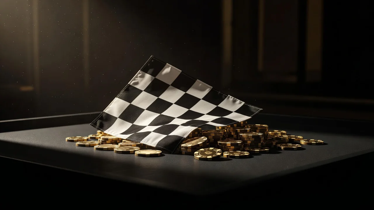 A checkered racing flag draped over golden casino chips on a dark podium, dramatic side lighting, floating dust, no people, no text